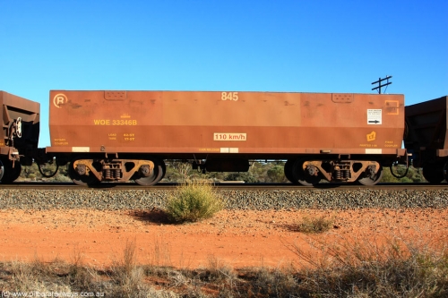 100731 02417
WOE type iron ore waggon WOE 33346 is one of a batch of one hundred and forty one built by United Goninan WA between November 2005 and April 2006 with serial number 950142-051 and fleet number 845 for Koolyanobbing iron ore operations Trial waggon, on empty train 6418 at Binduli Triangle, July 31, 2010.
Keywords: WOE-type;WOE33346;United-Goninan-WA;950142-051;