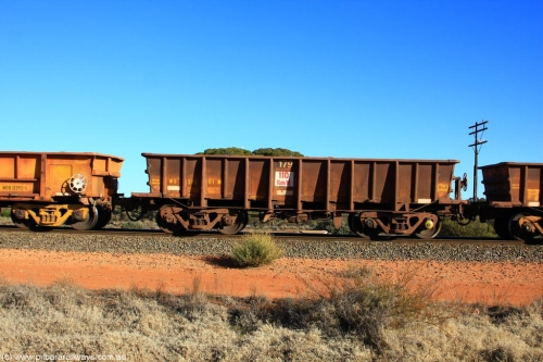100731 02425
WO type iron ore waggon WO 31301 is one of a batch of fifteen built by WAGR Midland Workshops between July and October 1968 with fleet number 179 for Koolyanobbing iron ore operations, with a 75 ton and 1018 ft³ capacity, on empty train 6418 at Binduli Triangle, 31st July 2010. This unit was converted to WOC for coal in 1986 till 1994 when it was re-classed back to WO.
Keywords: WO-type;WO31301;WAGR-Midland-WS;