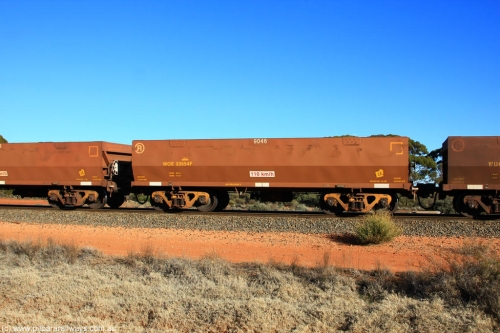 100731 02428
WOE type iron ore waggon WOE 33554 is one of a batch of one hundred and twenty eight built by United Group Rail WA between August 2008 and March 2009 with serial number 950211-094 and fleet number 9046 for Koolyanobbing iron ore operations, on empty train 6418 at Binduli Triangle, July 31, 2010.
Keywords: WOE-type;WOE33554;United-Group-Rail-WA;950211-094;