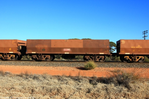 100731 02442
WOE type iron ore waggon WOE 30271 is one of a batch of one hundred and thirty built by Goninan WA between March and August 2001 with serial number 950092-021 and fleet number 614 for Koolyanobbing iron ore operations, on empty train 6418 at Binduli Triangle, July 31, 2010.
Keywords: WOE-type;WOE30271;Goninan-WA;950092-021;