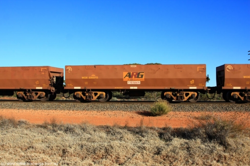 100731 02446
WOE type iron ore waggon WOE 33537 is one of a batch of one hundred and twenty eight built by United Group Rail WA between August 2008 and March 2009 with serial number 950211-077 and fleet number 9034 for Koolyanobbing iron ore operations, on empty train 6418 at Binduli Triangle, July 31, 2010.
Keywords: WOE-type;WOE33537;United-Group-Rail-WA;950211-077;