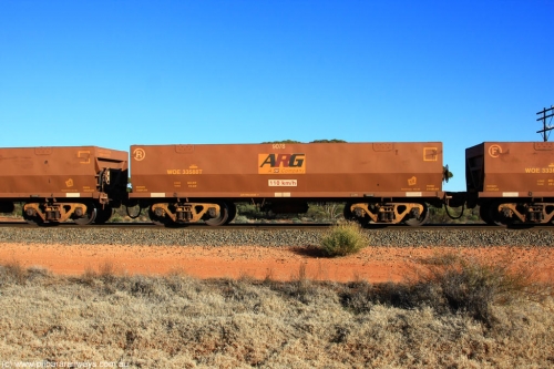 100731 02457
WOE type iron ore waggon WOE 33588 final one of a batch of one hundred and twenty eight built by United Group Rail WA between August 2008 and March 2009 with serial number 950211-128 and fleet number 9078 for Koolyanobbing iron ore operations, on empty train 6418 at Binduli Triangle, July 31, 2010.
Keywords: WOE-type;WOE33588;United-Group-Rail-WA;950211-128;