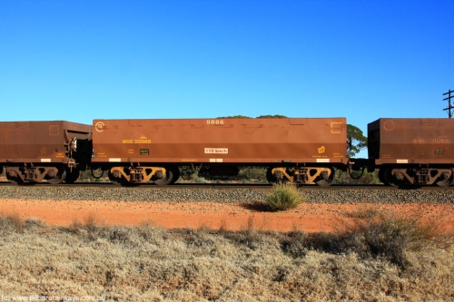 100731 02460
WOE type iron ore waggon WOE 33508 is one of a batch of one hundred and twenty eight built by United Group Rail WA between August 2008 and March 2009 with serial number 950211-048 and fleet number 9006 for Koolyanobbing iron ore operations, on empty train 6418 at Binduli Triangle, July 31, 2010.
Keywords: WOE-type;WOE33508;United-Group-Rail-WA;950211-048;