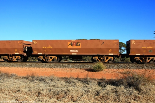 100731 02473
WOE type iron ore waggon WOE 33587 is one of a batch of one hundred and twenty eight built by United Group Rail WA between August 2008 and March 2009 with serial number 950211-127 and fleet number 9087 for Koolyanobbing iron ore operations, on empty train 6418 at Binduli Triangle, July 31, 2010.
Keywords: WOE-type;WOE33587;United-Group-Rail-WA;950211-127;