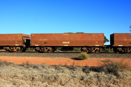 100731 02477
WOE type iron ore waggon WOE 33405 is one of a batch of one hundred and forty one built by United Group Rail WA between November 2005 and April 2006 with serial number 950142-110 and fleet number 8904 for Koolyanobbing iron ore operations, on empty train 6418 at Binduli Triangle, 31st July 2010.
Keywords: WOE-type;WOE33405;United-Group-Rail-WA;950142-110;