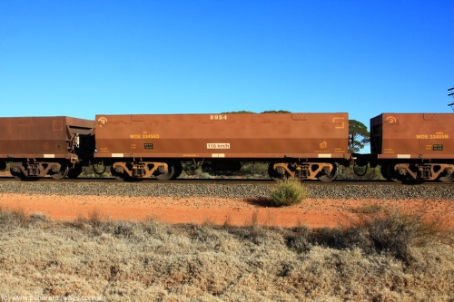 100731 02478
WOE type iron ore waggon WOE 33456 is one of a batch of five built by United Group Rail WA between August and September 2008 with serial number 950210-003 and fleet number 8954 for Koolyanobbing iron ore operations, on empty train 6418 at Binduli Triangle, July 31, 2010.
Keywords: WOE-type;WOE33456;United-Group-Rail-WA;950210-003;