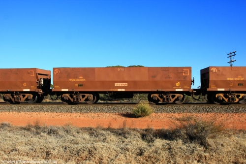 100731 02485
WOE type iron ore waggon WOE 33320 is one of a batch of one hundred and forty one built by United Goninan WA between November 2005 and April 2006 with serial number 950142-025 and fleet number 819 for Koolyanobbing iron ore operations, on empty train 6418 at Binduli Triangle, 31st July 2010.
Keywords: WOE-type;WOE33320;United-Goninan-WA;950142-025;
