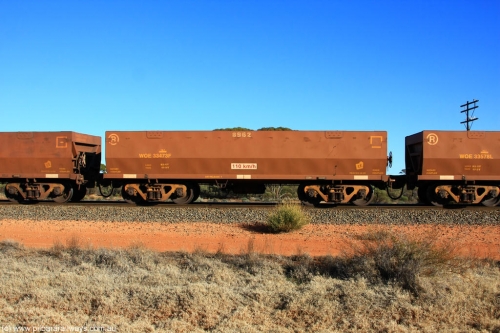 100731 02489
WOE type iron ore waggon WOE 33473 is one of a batch of one hundred and twenty eight built by United Group Rail WA between August 2008 and March 2009 with serial number 950211-015 and fleet number 8962 for Koolyanobbing iron ore operations, on empty train 6418 at Binduli Triangle, July 31, 2010.
Keywords: WOE-type;WOE33473;United-Group-Rail-WA;950211-015;