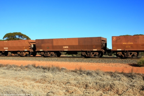 100731 02507
WOE type iron ore waggon WOE 33246 is one of a batch of twenty seven built by Goninan WA between September and October 2002 with serial number and fleet number 745 for Koolyanobbing iron ore operations, on empty train 6418 at Binduli Triangle, July 31, 2010.
Keywords: WOE-type;WOE33246;Goninan-WA;950103-013;