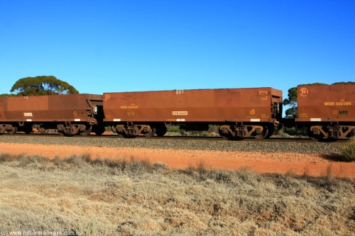 100731 02512
WOE type iron ore waggon WOE 33362 is one of a batch of one hundred and forty one built by United Goninan WA between November 2005 and April 2006 with serial number 950142-067 and fleet number 861 for Koolyanobbing iron ore operations, on empty train 6418 at Binduli Triangle, 31st July 2010.
Keywords: WOE-type;WOE33362;United-Goninan-WA;950142-067;