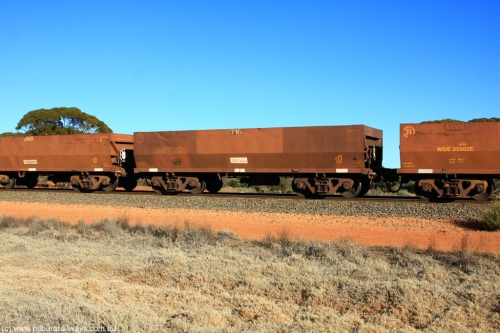 100731 02513
WOE type iron ore waggon WOE 31134 is one of a batch of one hundred and thirty built by Goninan WA between March and August 2001 with serial number 950092-124 and fleet number 716 for Koolyanobbing iron ore operations, on empty train 6418 at Binduli Triangle, 31st July 2010.
Keywords: WOE-type;WOE31134;Goninan-WA;950092-124;