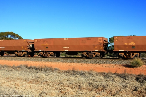 100731 02520
WOE type iron ore waggon WOE 33351 is one of a batch of one hundred and forty one built by United Goninan WA between November 2005 and April 2006 with serial number 950142-056 and fleet number 850 for Koolyanobbing iron ore operations, on empty train 6418 at Binduli Triangle, July 31, 2010.
Keywords: WOE-type;WOE33351;United-Goninan-WA;950142-056;