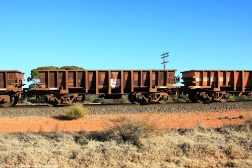 100731 02529
WOD type iron ore waggon WOD 31445 is one of a batch of sixty two built by Goninan WA between April and August 2000 with serial number 950086-017 and fleet number 508 for Koolyanobbing iron ore operations with a 75 ton capacity for Portman Mining to cart their Koolyanobbing iron ore to Esperance, now with PORTMAN painted out, on empty train 6418 at Binduli Triangle, July 31, 2010.
Keywords: WOD-type;WOD31445;Goninan-WA;950086-018;
