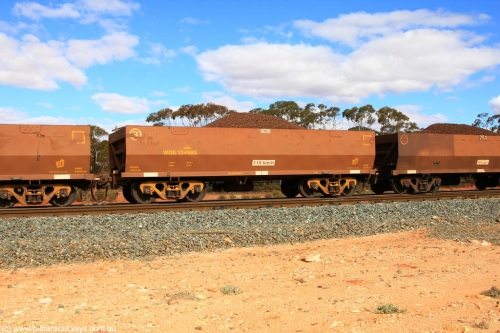 100731 02824
WOE type iron ore waggon WOE 33499 is one of a batch of one hundred and twenty eight built by United Group Rail WA between August 2008 and March 2009 with serial number 950211-039 and fleet number 9036 for Koolyanobbing iron ore operations, on loaded train 7415 at Binduli Triangle, July 31, 2010.
Keywords: WOE-type;WOE33499;United-Group-Rail-WA;950211-039;