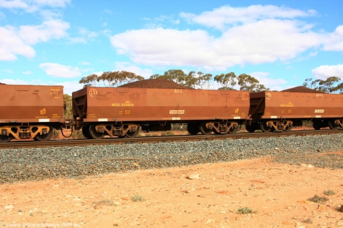 100731 02842
WOE type iron ore waggon WOE 33394 is one of a batch of one hundred and forty one built by United Group Rail WA between November 2005 and April 2006 with serial number 950142-099 and fleet number 893 for Koolyanobbing iron ore operations, on loaded train 7415 at Binduli Triangle, July 31, 2010.
Keywords: WOE-type;WOE33394;United-Group-Rail-WA;950142-099;