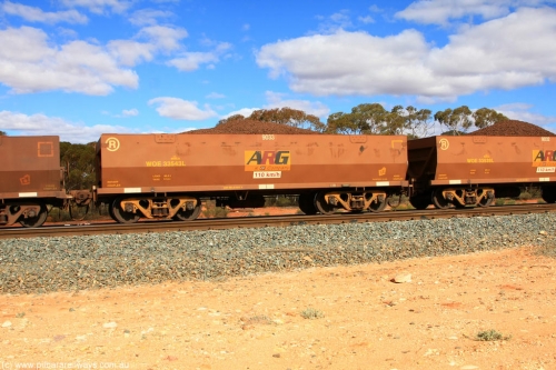 100731 02863
WOE type iron ore waggon WOE 33543 is one of a batch of one hundred and twenty eight built by United Group Rail WA between August 2008 and March 2009 with serial number 950211-083 and fleet number 9033 for Koolyanobbing iron ore operations, on loaded train 7415 at Binduli Triangle, July 31, 2010.
Keywords: WOE-type;WOE33543;United-Group-Rail-WA;950211-083;
