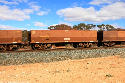 100731 02866
WOE type iron ore waggon WOE 33534 is one of a batch of one hundred and twenty eight built by United Group Rail WA between August 2008 and March 2009 with serial number 950211-074 and fleet number 9026 for Koolyanobbing iron ore operations, on loaded train 7415 at Binduli Triangle, 31st July 2010.
Keywords: WOE-type;WOE33534;United-Group-Rail-WA;950211-074;
