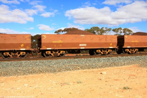100731 02870
WOE type iron ore waggon WOE 33538 is one of a batch of one hundred and twenty eight built by United Group Rail WA between August 2008 and March 2009 with serial number 950211-078 and fleet number 9039 for Koolyanobbing iron ore operations, on loaded train 7415 at Binduli Triangle, 31st July 2010.
Keywords: WOE-type;WOE33538;United-Group-Rail-WA;950211-078;