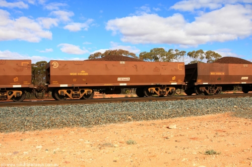 100731 02872
WOE type iron ore waggon WOE 33528 is one of a batch of one hundred and twenty eight built by United Group Rail WA between August 2008 and March 2009 with serial number 950211-068 and fleet number 9018 for Koolyanobbing iron ore operations, on loaded train 7415 at Binduli Triangle, July 31, 2010.
Keywords: WOE-type;WOE33528;United-Group-Rail-WA;950211-068;