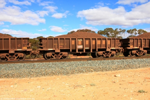100731 02878
WOD type iron ore waggon WOD 31463 is one of a batch of sixty two built by Goninan WA between April and August 2000 with serial number 950086-035 and fleet number 526 for Koolyanobbing iron ore operations with a 75 ton capacity for Portman Mining to cart their Koolyanobbing iron ore to Esperance, now with PORTMAN painted out, on loaded train 7415 at Binduli Triangle, July 31, 2010.
Keywords: WOD-type;WOD31463;Goninan-WA;950086-035;