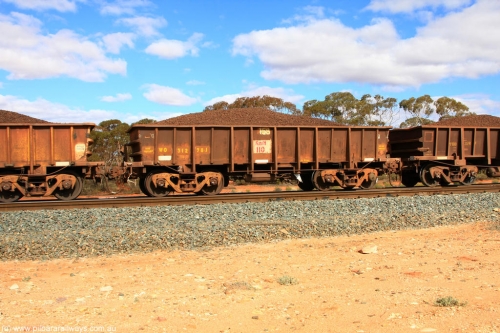 100731 02887
WO type iron ore waggon WO 31278 is one of a batch of eighty six built by WAGR Midland Workshops between 1967 and March 1968 with fleet number 158 for Koolyanobbing iron ore operations, with a 75 ton and 1018 ft³ capacity, on loaded train 7415 at Binduli Triangle, July 31, 2010. This unit was converted to WOC for coal in 1986 till 1994 when it was re-classed back to WO.
Keywords: WO-type;WO31278;WAGR-Midland-WS;