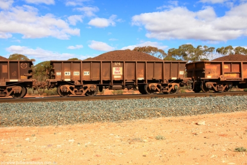 100731 02893
WO type iron ore waggon WO 31295 is one of a batch of fifteen built by WAGR Midland Workshops between July and October 1968 with fleet number 174 for Koolyanobbing iron ore operations, with a 75 ton and 1018 ft³ capacity, on loaded train 7415 at Binduli Triangle, July 31, 2010. This unit was converted to WOC for coal in 1986 till 1994 when it was re-classed back to WO.
Keywords: WO-type;WO31295;WAGR-Midland-WS;