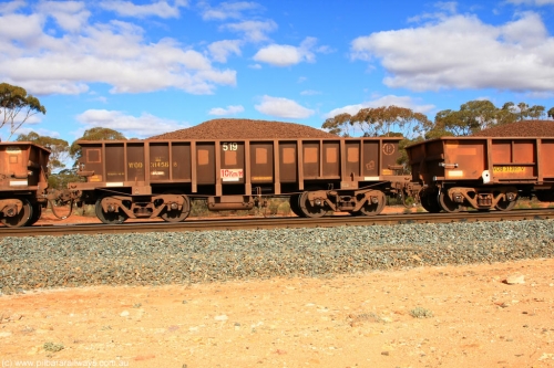 100731 02895
WOD type iron ore waggon WOD 31456 is one of a batch of sixty two built by Goninan WA between April and August 2000 with serial number 950086-028 and fleet number 519 for Koolyanobbing iron ore operations with a 75 ton capacity for Portman Mining to cart their Koolyanobbing iron ore to Esperance, now with PORTMAN painted out, on loaded train 7415 at Binduli Triangle, 31st July 2010.
Keywords: WOD-type;WOD31456;Goninan-WA;950086-028;