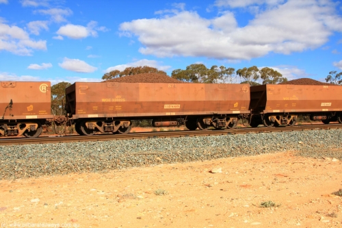 100731 02902
WOE type iron ore waggon WOE 33322 is one of a batch of one hundred and forty one built by United Goninan WA between November 2005 and April 2006 with serial number 950142-027 and fleet number 821 for Koolyanobbing iron ore operations, on loaded train 7415 at Binduli Triangle, July 31, 2010.
Keywords: WOE-type;WOE33322;United-Goninan-WA;950142-027;