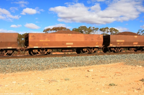 100731 02914
WOE type iron ore waggon WOE 33311 is one of a batch of one hundred and forty one built by United Goninan WA between November 2005 and April 2006 with serial number 950142-016 and fleet number 810 for Koolyanobbing iron ore operations, on loaded train 7415 at Binduli Triangle, 31st July 2010.
Keywords: WOE-type;WOE33311;United-Goninan-WA;950142-016;