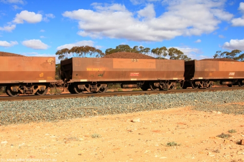 100731 02927
WOE type iron ore waggon WOE 31149 is one of a batch of fifteen built by Goninan WA between April and May 2002 with fleet number 731 for Koolyanobbing iron ore operations, on loaded train 7415 at Binduli Triangle, July 31, 2010.
Keywords: WOE-type;WOE31149;Goninan-WA;