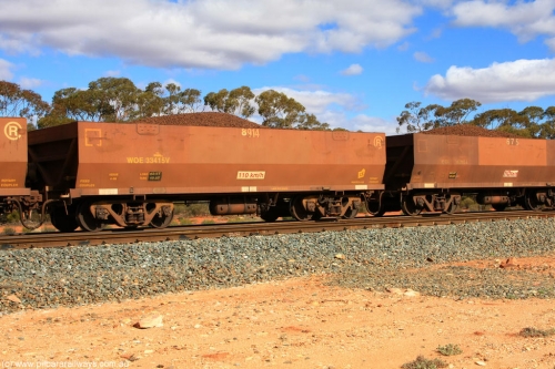 100731 02931
WOE type iron ore waggon WOE 33415 is one of a batch of one hundred and forty one built by United Group Rail WA between November 2005 and April 2006 with serial number 950142-120 and fleet number 8914 for Koolyanobbing iron ore operations, on loaded train 7415 at Binduli Triangle, July 31, 2010.
Keywords: WOE-type;WOE33415;United-Group-Rail-WA;950142-120;