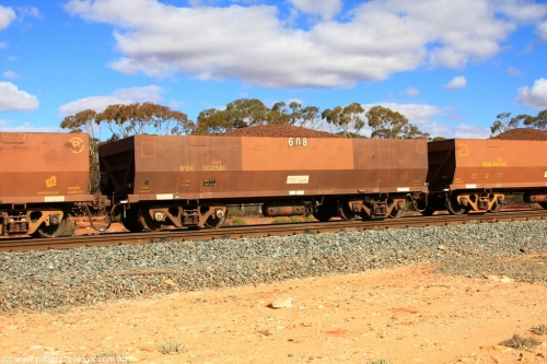 100731 02945
WOE type iron ore waggon WOE 30258 is one of a batch of one hundred and thirty built by Goninan WA between March and August 2001 with serial number 950092-008 and fleet number 608 for Koolyanobbing iron ore operations, on loaded train 7415 at Binduli Triangle, July 31, 2010.
Keywords: WOE-type;WOE30258;Goninan-WA;950092-008;