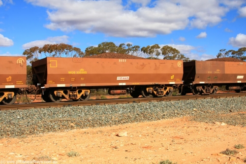 100731 02947
WOE type iron ore waggon WOE 33558 is one of a batch of one hundred and twenty eight built by United Group Rail WA between August 2008 and March 2009 with serial number 950211-098 and fleet number 9055 for Koolyanobbing iron ore operations, on loaded train 7415 at Binduli Triangle, 31st July 2010.
Keywords: WOE-type;WOE33558;United-Group-Rail-WA;950211-098;