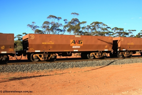 100731 03058
WOE type iron ore waggon WOE 33570 is one of a batch of one hundred and twenty eight built by United Group Rail WA between August 2008 and March 2009 with serial number 950211-110 and fleet number 9065 for Koolyanobbing iron ore operations, empty train arriving at Binduli Triangle, 31st July 2010.
Keywords: WOE-type;WOE33570;United-Group-Rail-WA;950211-110;