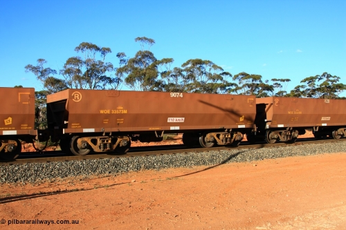 100731 03061
WOE type iron ore waggon WOE 33573 is one of a batch of one hundred and twenty eight built by United Group Rail WA between August 2008 and March 2009 with serial number 950211-113 and fleet number 9074 for Koolyanobbing iron ore operations, empty train arriving at Binduli Triangle, July 31, 2010.
Keywords: WOE-type;WOE33573;United-Group-Rail-WA;950211-113;
