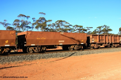 100731 03062
WOE type iron ore waggon WOE 33329 is one of a batch of one hundred and forty one built by United Goninan WA between November 2005 and April 2006 with serial number 950142-034 and fleet number 828 for Koolyanobbing iron ore operations, with and a reduced load of 82.5 tonnes, and with PORTMAN painted out, empty train arriving at Binduli Triangle, 31st July 2010.
Keywords: WOE-type;WOE33329;United-Goninan-WA;950142-034;