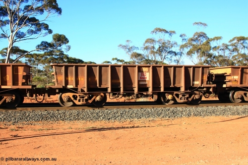 100731 03066
WO type iron ore waggon WO 31280 is one of a batch of eighty six built by WAGR Midland Workshops between 1967 and March 1968 with fleet number 160 for Koolyanobbing iron ore operations, with a 75 ton and 1018 ft³ capacity, empty train arriving at Binduli Triangle, 31st July 2010. This unit was converted to WOG for gypsum in late 1980s till 1994 when it was re-classed back to WO.
Keywords: WO-type;WO31280;WAGR-Midland-WS;