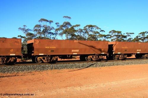100731 03084
WOE type iron ore waggon WOE 33385 is one of a batch of one hundred and forty one built by United Group Rail WA between November 2005 and April 2006 with serial number 950142-090 and fleet number 884 for Koolyanobbing iron ore operations with PORTMAN painted out and the load revised to 82.5 tonnes, empty train arriving at Binduli Triangle, 31st July 2010.
Keywords: WOE-type;WOE33385;United-Group-Rail-WA;950142-090;