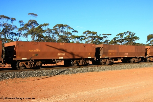 100731 03087
WOE type iron ore waggon WOE 33361 is one of a batch of one hundred and forty one built by United Goninan WA between November 2005 and April 2006 with serial number 950142-066 and fleet number 860 for Koolyanobbing iron ore operations, build date 01/2006 and a revised load of 82.5 tonnes with PORTMAN painted out, empty train arriving at Binduli Triangle, 31st July 2010.
Keywords: WOE-type;WOE33361;United-Goninan-WA;950142-066;