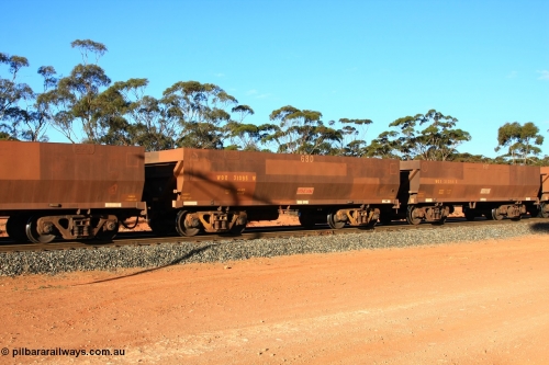 100731 03089
WOE type iron ore waggon WOE 31095 is one of a batch of one hundred and thirty built by Goninan WA between March and August 2001 with serial number 950092-085 and fleet number 680 for Koolyanobbing iron ore operations, empty train arriving at Binduli Triangle, 31st July 2010.
Keywords: WOE-type;WOE31095;Goninan-WA;950092-085;