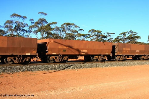 100731 03091
WOE type iron ore waggon WOE 33399 is one of a batch of one hundred and forty one built by United Group Rail WA between November 2005 and April 2006 with serial number 950142-104 and fleet number 898 for Koolyanobbing iron ore operations, empty train arriving at Binduli Triangle, 31st July 2010.
Keywords: WOE-type;WOE33399;United-Group-Rail-WA;950142-104;