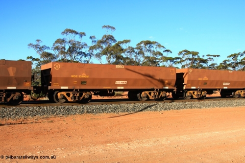 100731 03114
WOE type iron ore waggon WOE 33492 is one of a batch of one hundred and twenty eight built by United Group Rail WA between August 2008 and March 2009 with serial number 950211-032 and fleet number 8993 for Koolyanobbing iron ore operations, empty train arriving at Binduli Triangle, July 31, 2010.
Keywords: WOE-type;WOE33492;United-Group-Rail-WA;950211-032;