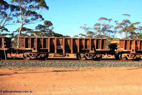 100731 03122
WOD type iron ore waggon WOD 31442 is one of a batch of sixty two built by Goninan WA between April and August 2000 with serial number 950086-014 and fleet number 505 for Koolyanobbing iron ore operations, build date 05/2000, with a 75 ton capacity, for Portman Mining to cart their Koolyanobbing iron ore to Esperance, PORTMAN has been painted out, empty train arriving at Binduli Triangle, July 31, 2010.
Keywords: WOD-type;WOD31442;Goninan-WA;950086-014;