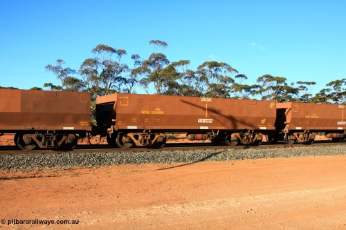 100731 03132
WOE type iron ore waggon WOE 33569 is one of a batch of one hundred and twenty eight built by United Group Rail WA between August 2008 and March 2009 with serial number 950211-109 and fleet number 9056 for Koolyanobbing iron ore operations, empty train arriving at Binduli Triangle, July 31, 2010.
Keywords: WOE-type;WOE33569;United-Group-Rail-WA;950211-109;
