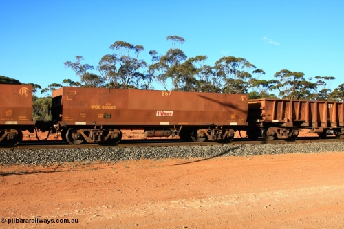 100731 03145
WOE type iron ore waggon WOE 33358 is one of a batch of one hundred and forty one built by United Goninan WA between November 2005 and April 2006 with serial number 950142-063 and fleet number 857 for Koolyanobbing iron ore operations, empty train arriving at Binduli Triangle, July 31, 2010.
Keywords: WOE-type;WOE33358;United-Goninan-WA;950142-063;