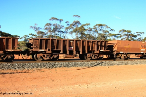 100731 03147
WOD type iron ore waggon WOD 31477 is one of a batch of sixty two built by Goninan WA between April and August 2000 with serial number 950086-049 and fleet number 540 for Koolyanobbing iron ore operations with a 75 ton capacity for Portman Mining to cart their Koolyanobbing iron ore to Esperance, PORTMAN has been painted out, empty train arriving at Binduli Triangle, 31st July 2010.
Keywords: WOD-type;WOD31477;Goninan-WA;950086-049;