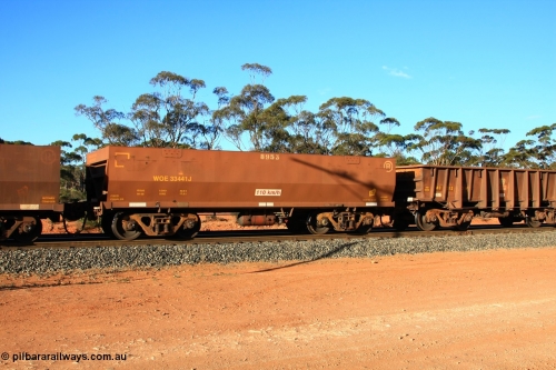 100731 03161
WOE type iron ore waggon WOE 33441 is one of a batch of seventeen built by United Group Rail WA between July and August 2008 with serial number 950209-005 and fleet number 8953 for Koolyanobbing iron ore operations empty train arriving at Binduli Triangle, July 31, 2010.
Keywords: WOE-type;WOE33441;United-Group-Rail-WA;950209-005;