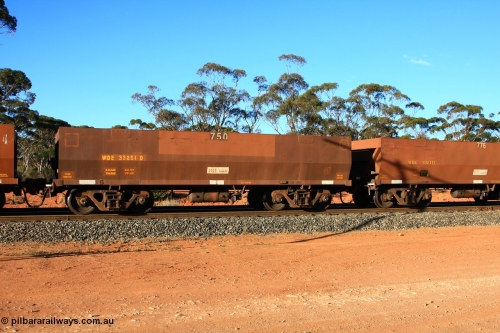 100731 03165
WOE type iron ore waggon WOE 33251 is one of a batch of twenty seven built by Goninan WA between September and October 2002 with serial number 950103-018 and fleet number 750 for Koolyanobbing iron ore operations with PORTMAN painted out and the load revised to 82.5 tonnes, empty train arriving at Binduli Triangle, 31st July 2010.
Keywords: WOE-type;WOE33251;Goninan-WA;950103-018;