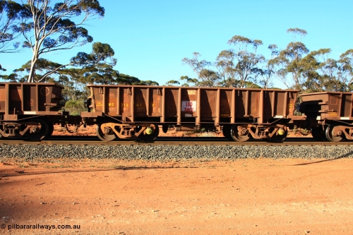 100731 03169
WO type iron ore waggon WO 31241 is one of a batch of eighty six built by WAGR Midland Workshops between 1967 and March 1968 with fleet number 132 for Koolyanobbing iron ore operations, with a 75 ton and 1018 ft³ capacity, empty train arriving at Binduli Triangle, July 31, 2010. This unit was converted to WOS superphosphate in the late 1980s till 1994 when it was re-classed back to WO.
Keywords: WO-type;WO31241;WAGR-Midland-WS;WOS-type;