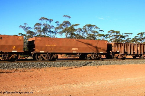100731 03173
WOE type iron ore waggon WOE 33436 is one of a batch of one hundred and forty one built by United Group Rail WA between November 2005 and April 2006 with serial number 950142-141 and fleet number 8935 for Koolyanobbing iron ore operations with the 8 being an addition as the fleet size has increased beyond 1000 waggons, 82.5 ton capacity and build date of 04/2006 waggon for Portman Mining, empty train arriving at Binduli Triangle, 31st July 2010.
Keywords: WOE-type;WOE33436;United-Group-Rail-WA;950142-141;